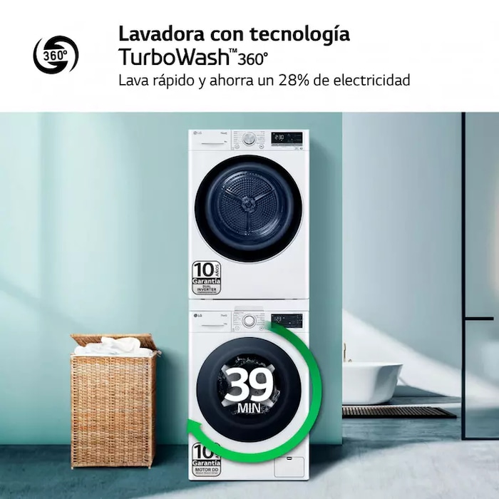 LG Outlet Torre de Lavado, Blanca, Lavadora inteligente 10kg, 1400rpm, Un 10% mas eficiente que A + Secadora 8kg, A+++, TORRE1008KG.OUTLET